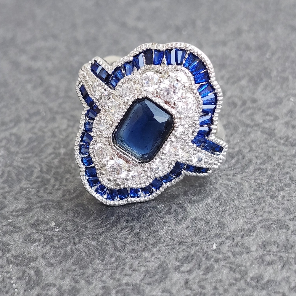 Blue Sapphire Halo Statement Ring Size 7